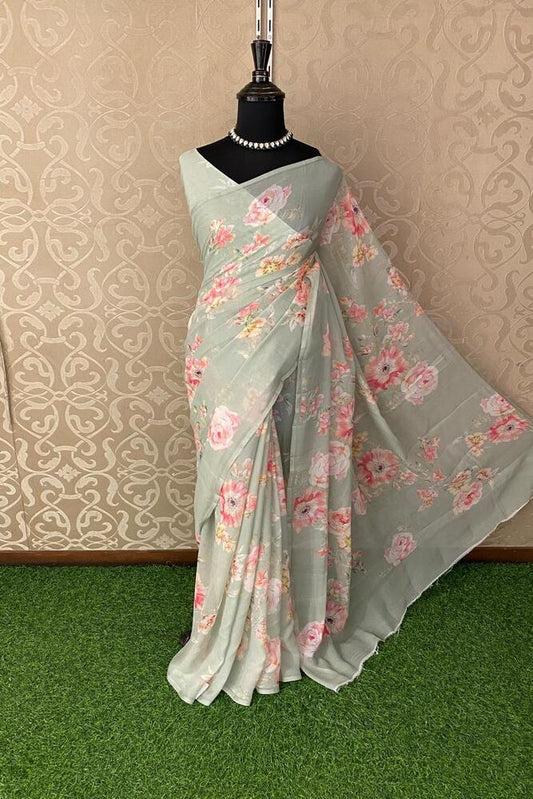 Pista green floral printed chiffon saree with unstitched blouse piece, ideal for party wear by Saarang Sarees.
