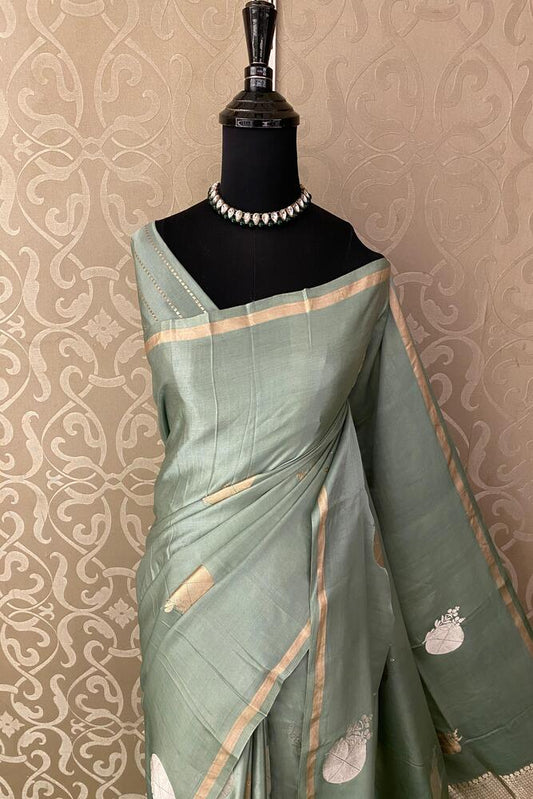 Pastel Blue Mashru Silk Banarasi Handloom Saree, With Unstiched Blouse