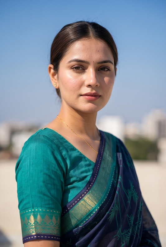 Navy Blue Printed Munga Silk Saree, With Unstiched Blouse