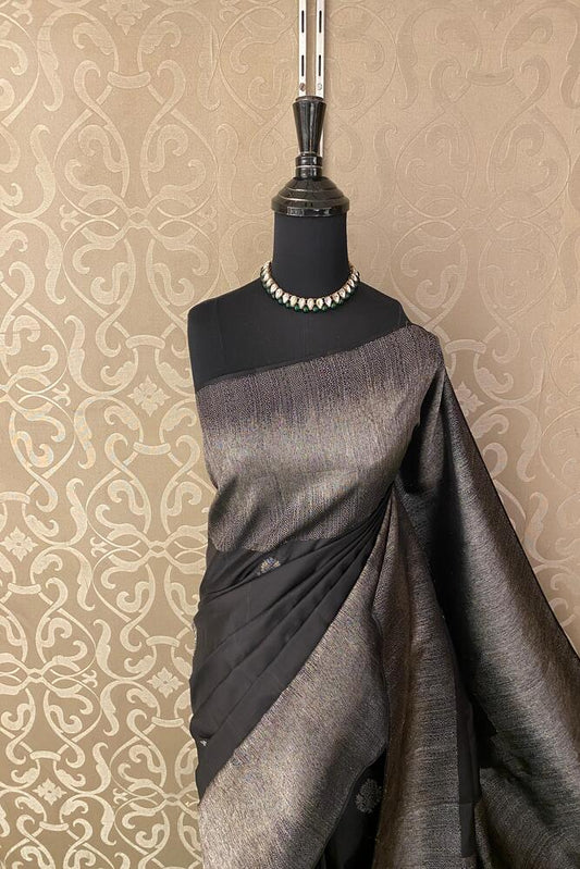 Black Pure Kanjeevaram Silk Saree, With Unstiched Blouse