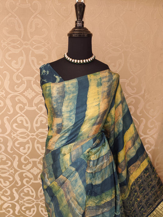 Multi Pure Modal Silk Ajrakh Printed Saree With Unstich Blouse