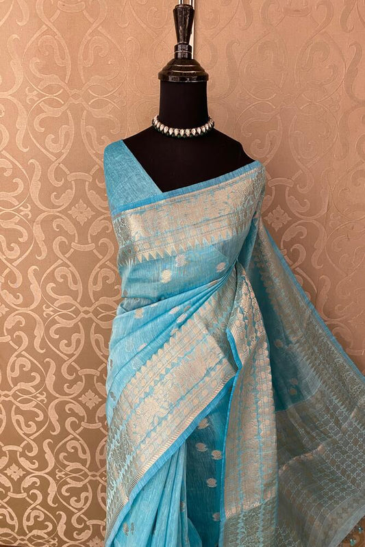 Sky Blue Linen Banarasi Saree With Unstiched Blouse