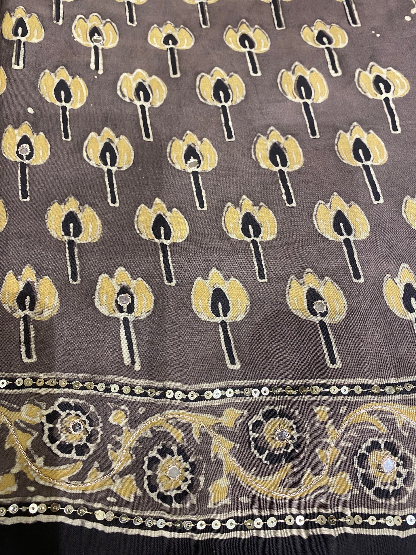 Deep Grey Pure Modal Silk Ajrakh Printed Saree With Unstiched Blouse