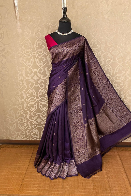 Deep Purple Pure Raw Tussar Banarasi Silk Saree, Hand Woven Motifs With Unstiched Blouse