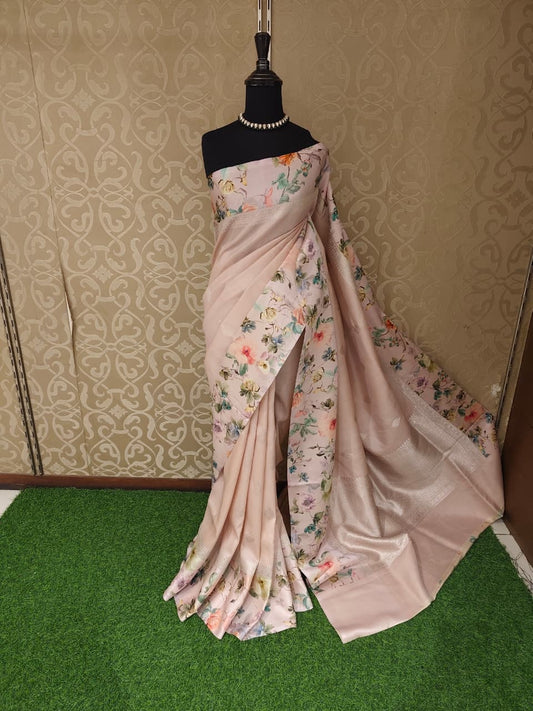 Off-White Tussar Banarasi Saree With Digital Mashru Border Print, With Unstiched Blouse