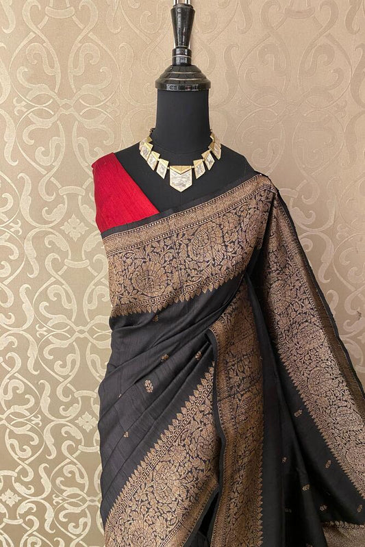 Black pure raw Tussar Banarasi silk saree with handwoven motifs and unstiched blouse, traditional wear by Saarang Sarees.