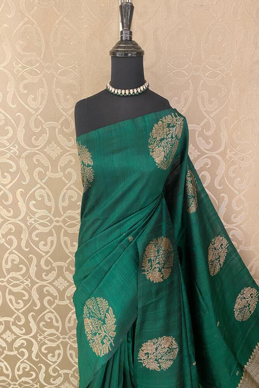 Deep Green Pure Raw Tussar Banarasi Silk Saree, Hand Woven Motifs With Unstiched Blouse