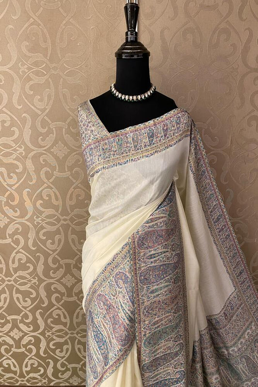 Off-White Pure Kani Handloom Silk Saree With Floral Woven Blouse