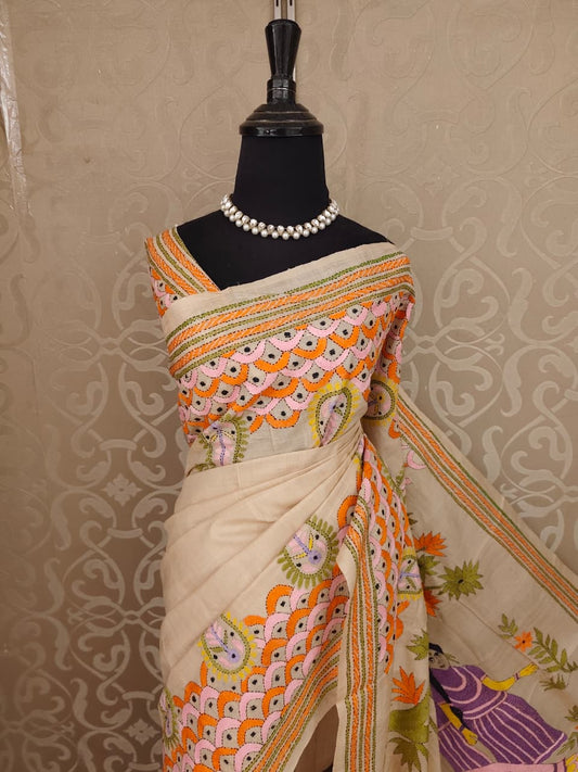 Beige Tussar Embroidery Saree With Kantha Work Border, With Unstitched Blouse