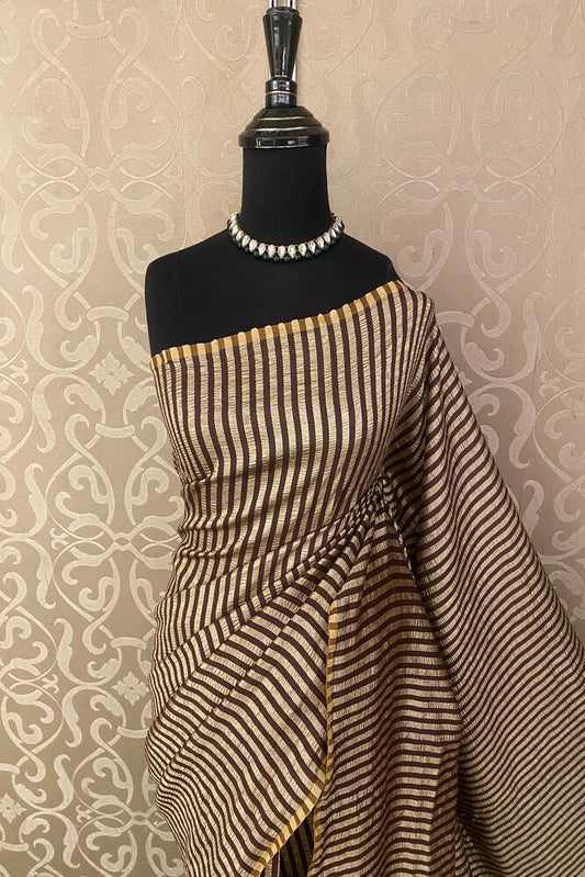 Gold & Dark Brown Zari Stripe Munga Borderless Saree, With Unstiched Blouse