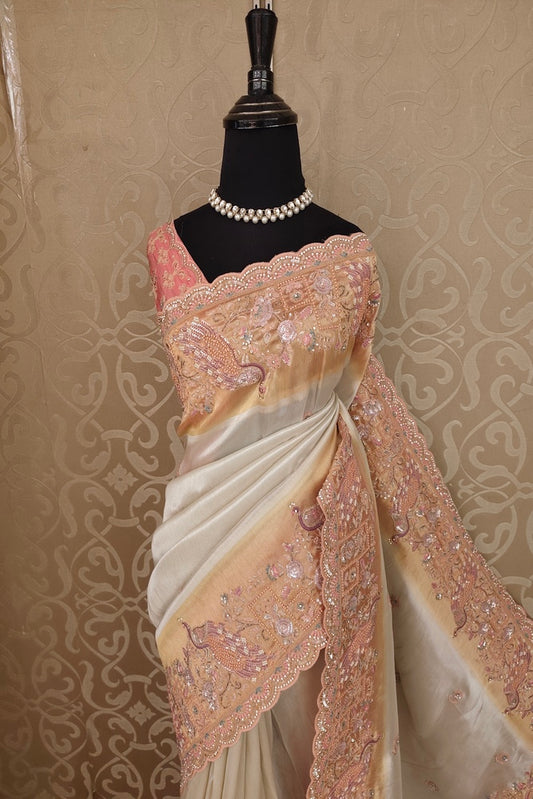Off-White Tissue Kanjeevaram Silk Sarees With Embroidery Work, With Unstiched Blouse