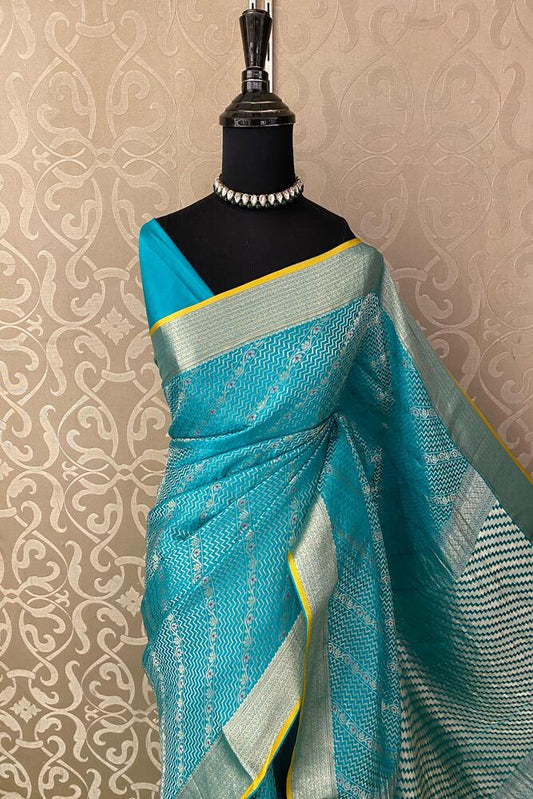 Firozi Mysore Crepe Silk Banarasi Saree with gold zari work and unstiched blouse, traditional Indian wear by Saarang Sarees.