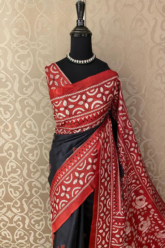 Black Red Tussar Embroidery Saree With Kantha Work Border, With Unstitched Blouse