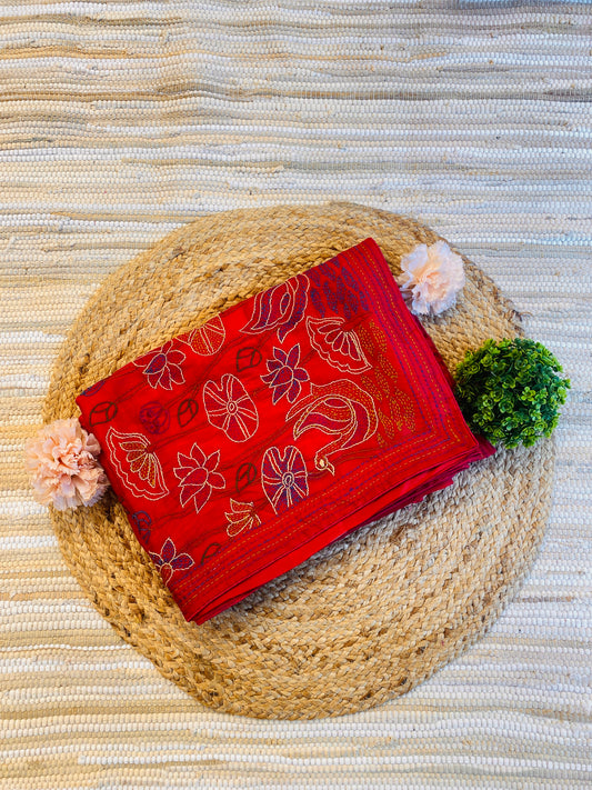 Red Semi Munga Silk French Knot Hand Embroidery Work Saree, With Unstiched Blouse