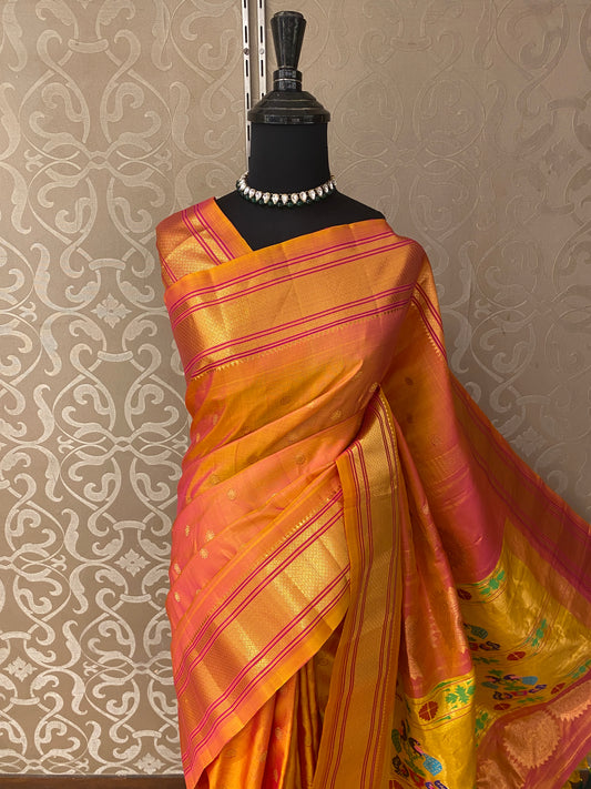 Golden Orange Gadwal Silk Sarees With Unstiched Blouse