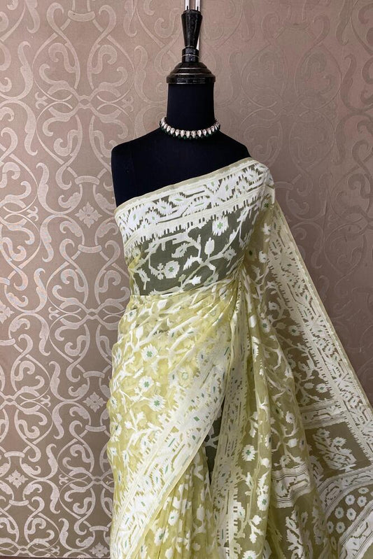 Lime Green Muslin Jamdani Saree, With Unstiched Blouse