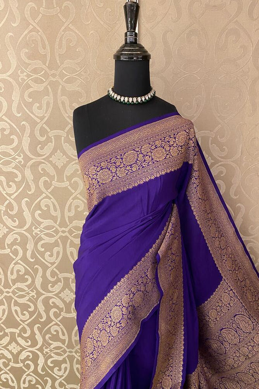Purple Mysore Crepe Silk Banarasi saree with intricate gold zari work and matching unstiched blouse, traditional Indian wear by Saarang Sarees