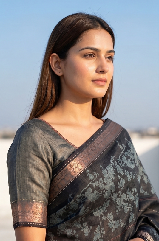 Black Printed Munga Silk Saree, With Unstiched Blouse