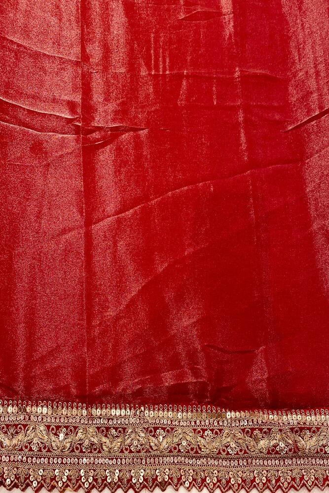 Cherry Red Banarasi Silk Saree With Zardosi Embroidery Work, With Unstiched Blouse