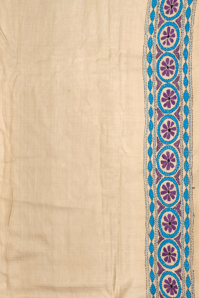 Off-White Tussar Embroidery Saree With Kantha Work Border, With Unstitched Blouse