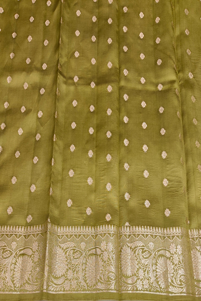 Pista Green Chiniya Silk Saree Hand Woven Butas, With Unstiched Blouse