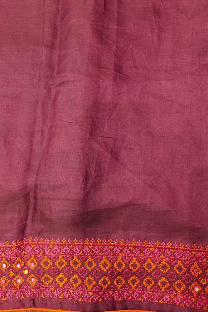 Deep Purple Semi Munga Silk Cross Stitch Work Saree, With Unstiched Blouse