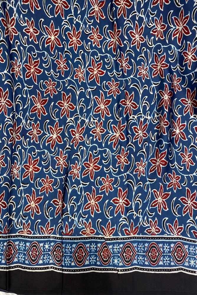 Royal Blue Pure Modal Silk Ajrakh Printed Saree With Unstiched Blouse