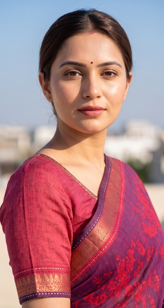 Deep Purple Printed Munga Silk Saree, With Unstiched Blouse