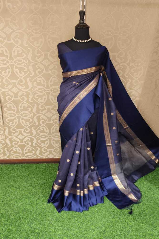 Navy blue Tussar Banarasi silk saree with hand-woven motifs and unstiched blouse, traditional wear by Saarang Sarees