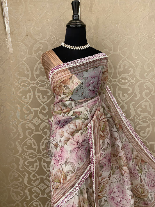 Multi Organza Saree With Perl Work, With Unstitched Blouse