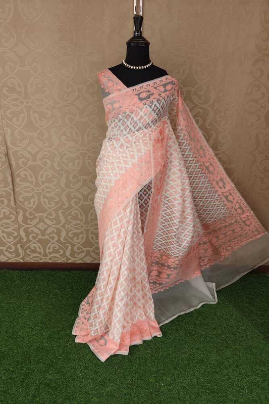 Off-White Muslin Jamdani Saree, With Unstiched Blouse