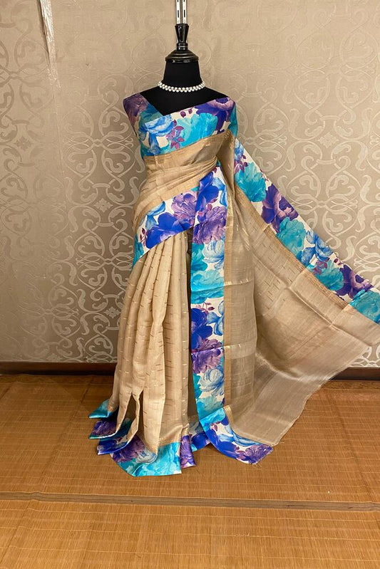 Beige Tussar Banarasi Saree With Digital Mashru Border Work