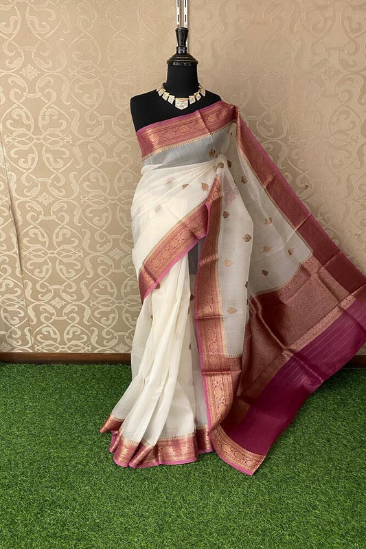 Off-White Kora Banarasi Silk Saree With Hand Weving Work, With Unstiched Blouse