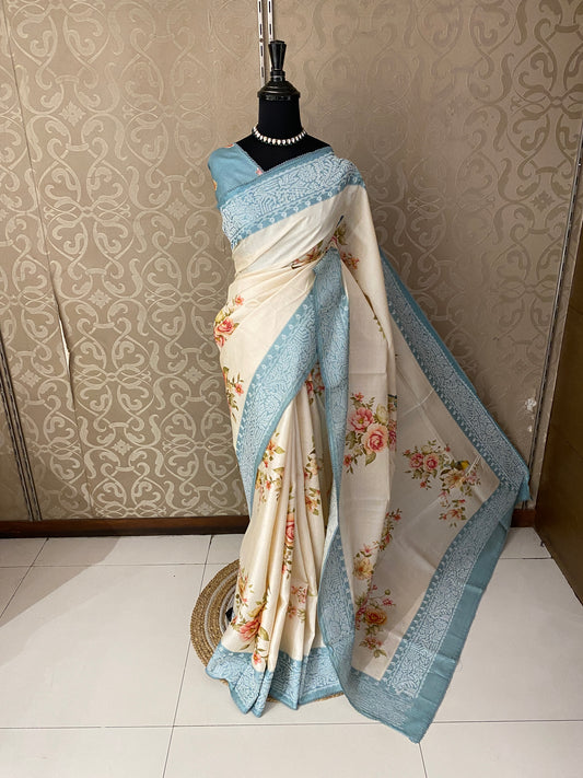 Off-White Tussar Resham Embroidery Saree, With Unstiched Blouse