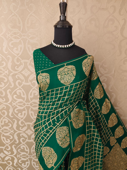Deep Green Mysore Crepe Silk Banarasi Saree, With Unstiched Blouse