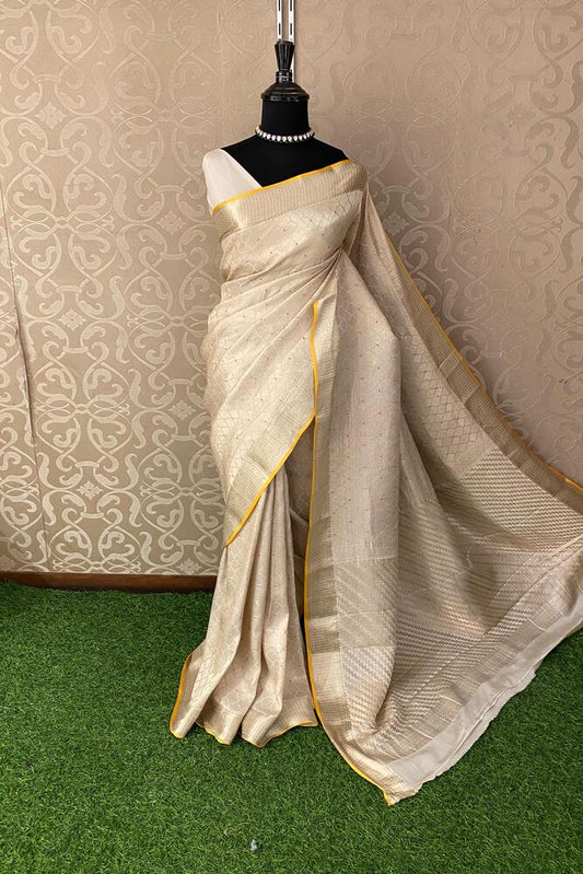 Beige Mysore Crepe Silk Banarasi Saree, With Unstiched Blouse