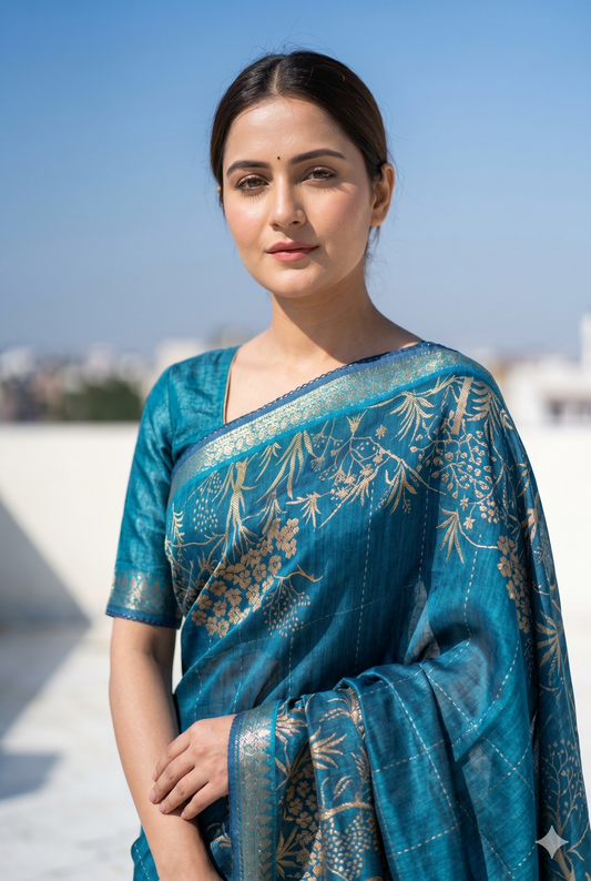 Firozi Blue Printed Munga Silk Saree, With Unstiched Blouse