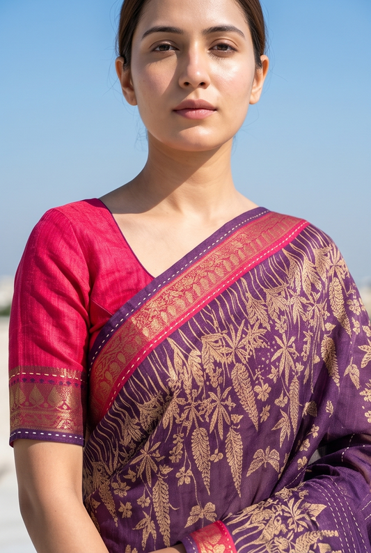 Violet Printed Munga Silk Saree, With Unstiched Blouse