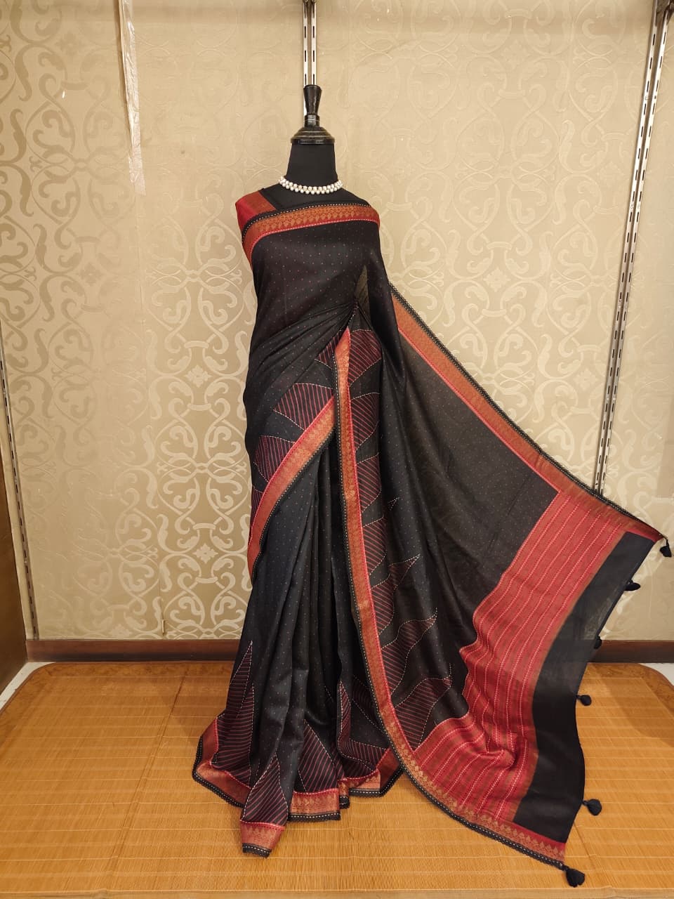Black Munga Silk Printed Saree With Kantha Work, With Unstich Blouse