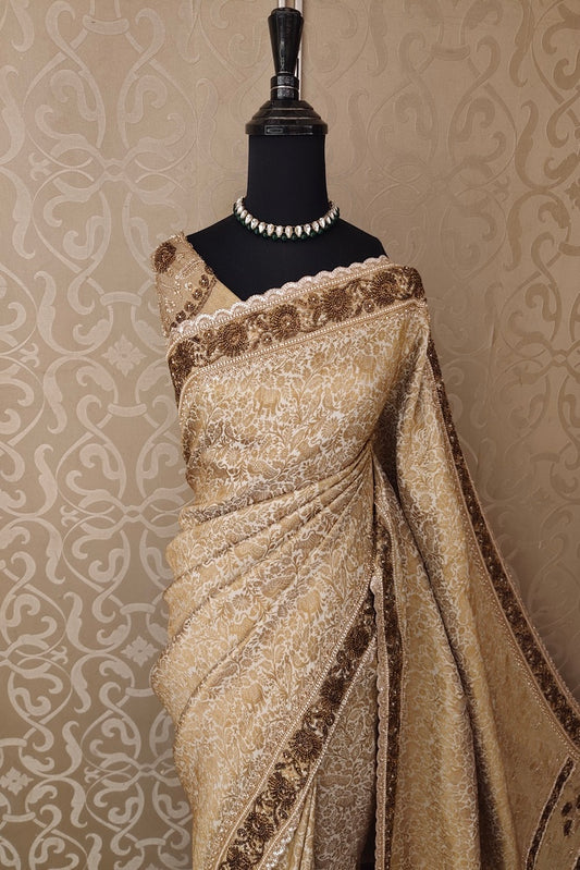 Beige Tissue Kanjeevaram Silk Sarees With Embroidery Work, With Unstiched Blouse