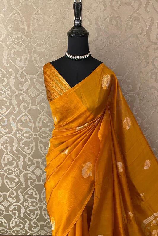 Mustard Yellow Soft Katan Silk Saree, With Unstich Blouse