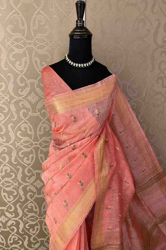 Peach pink linen Saree with Kashmiri embroidery and unstiched blouse, traditional wear by Saarang Sarees, detailed fabric and design.
