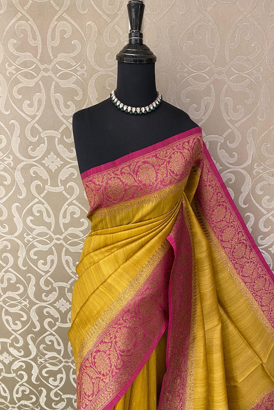 Mustrad Yellow Tussar Banarasi Silk Saree, Hand Woven Motifs With Unstiched Blouse