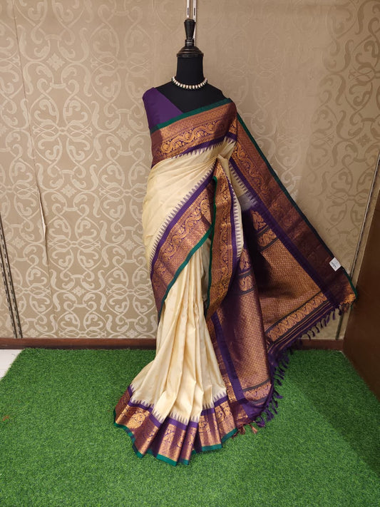 Off-White Gadwal Silk Sarees With Unstiched Blouse