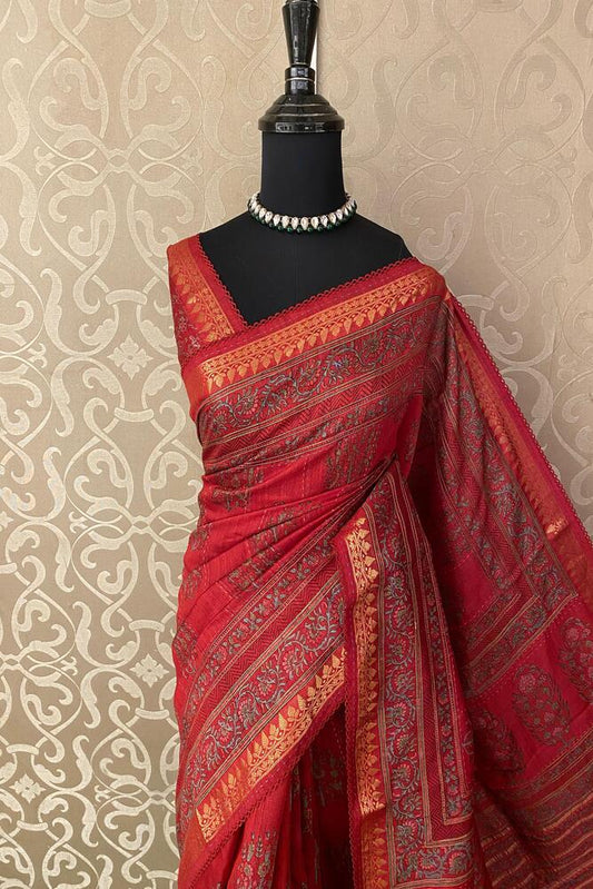 Red Munga silk printed saree with Kantha work and unstitch blouse from Saarang Sarees, showcasing intricate traditional design.