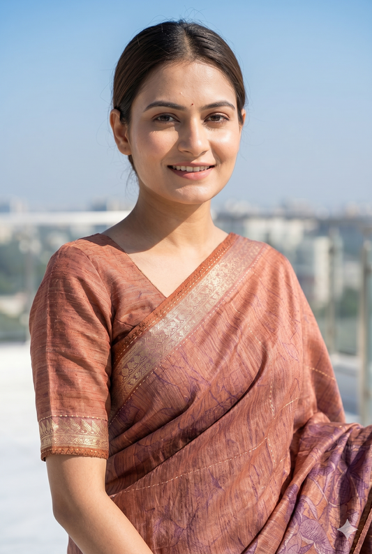 Brown Printed Munga Silk Saree, With Unstiched Blouse