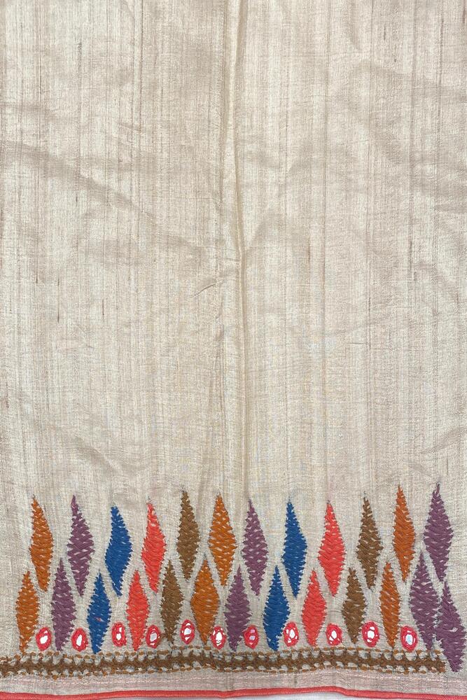 Off-White Tussar Embroidery Saree With Kathiawari Work Border, With Unstitched Blouse