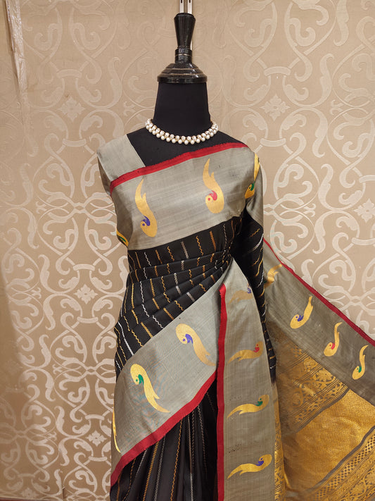 Black Gadwal Silk Sarees With Unstiched Blouse