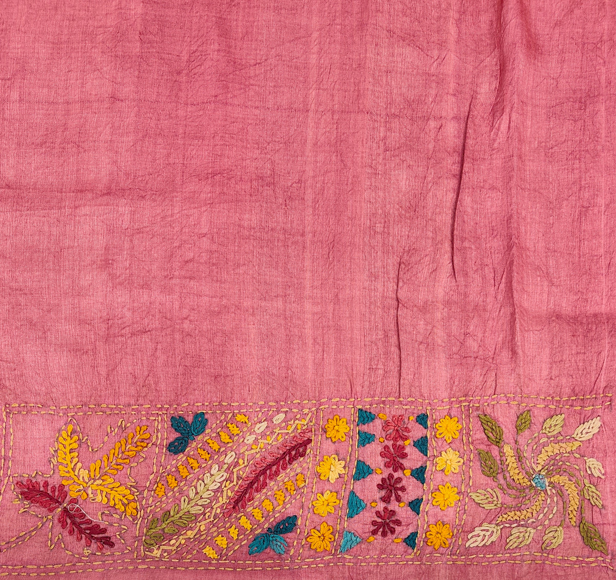 Pink Tussar Hand Embroidery Saree, With Unstitched Blouse