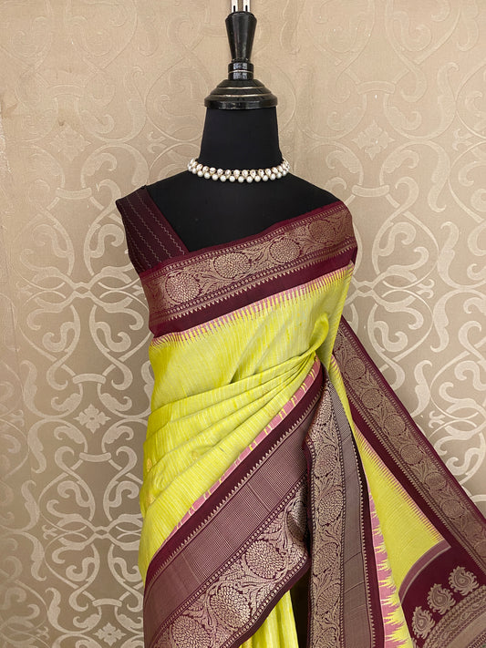 Lime Green Gadwal Silk Sarees With Unstiched Blouse